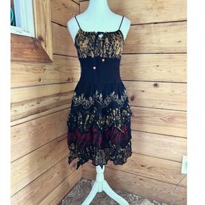 Fashion Terminal Batik Tiered Handkerchief Hem Smocked Sun Dress Black Gold OS